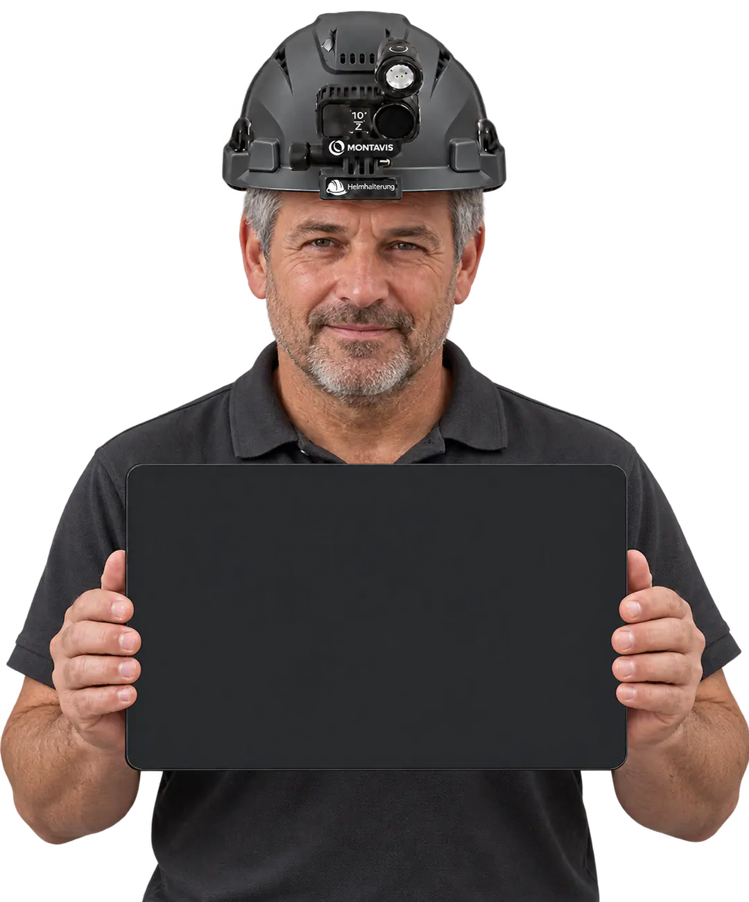 Fachkraft mit Head-Cam und Tablet — eine Aufnahme entsteht zur Arbeitsanweisung