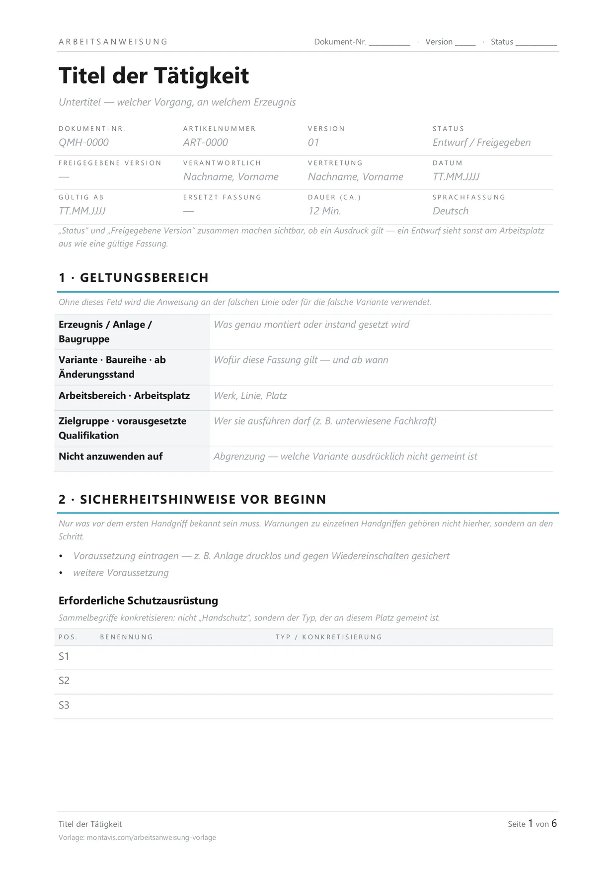 Erste Seite der Arbeitsanweisungs-Vorlage: Kopfdaten mit Version und freigegebenem Stand, Geltungsbereich, Sicherheitshinweise vor Beginn und eine Tabelle für die Schutzausrüstung